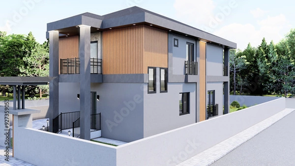 Obraz 3D extrerior render of 2 floor of apartment with lighting, trees, parking lot and garden.  3D rendering.