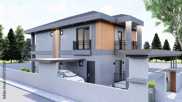 Fototapeta 3D extrerior render of 2 floor of apartment with lighting, trees, parking lot and garden.  3D rendering.