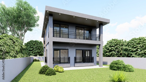 Obraz 3D extrerior render of 2 floor of apartment with lighting, trees, parking lot and garden.  3D rendering.