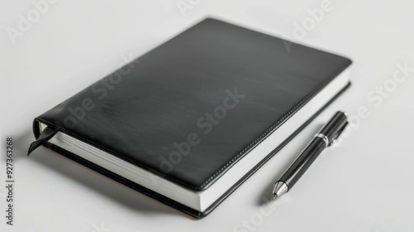 Fototapeta Black leather notebook and pen rest on a tidy white desk, evoking a feeling of order and sophistication