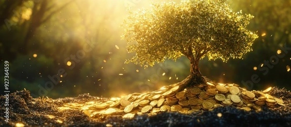 Fototapeta Golden Tree Growing from a Pile of Coins in a Sunlit Forest - Symbol of Wealth, Prosperity, and Financial Growth