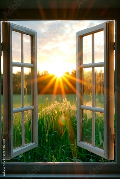 Obraz A radiant sunrise viewed through an open window symbolizing hope and spiritual awakening.