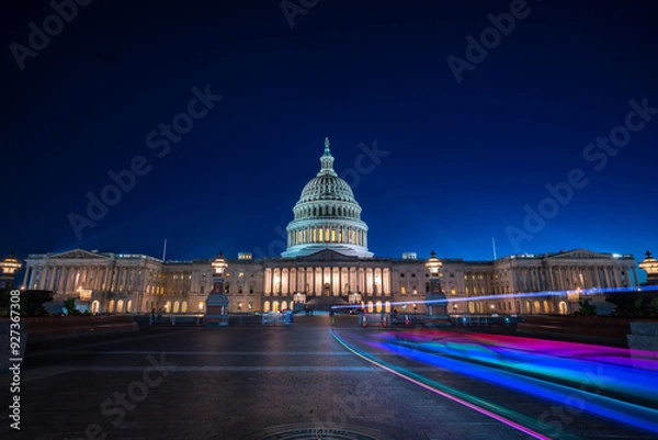 Fototapeta Wide angle View of the US Capitol At night with light trails