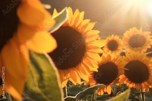 Fototapeta 夕日に照らされるひまわりとミツバチ