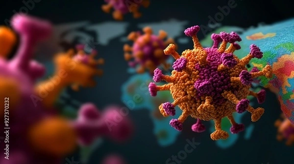 Fototapeta Detailed close-up of a virus model highlighting its structure against a global map backdrop, ideal for educational and scientific use.
