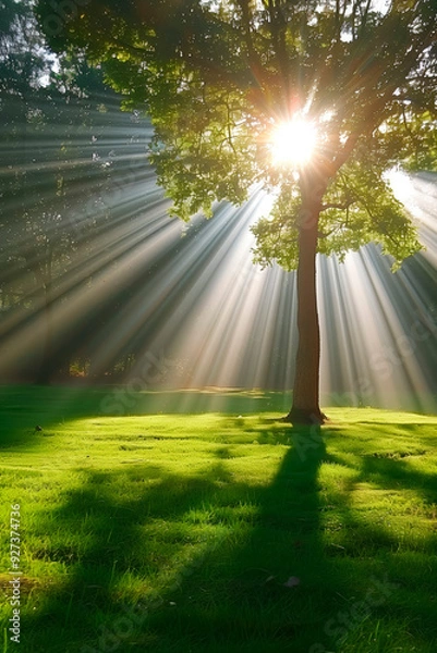 Fototapeta Sunlight streams through a tree offering a serene symbol of hope and divine presence in a peaceful landscape.