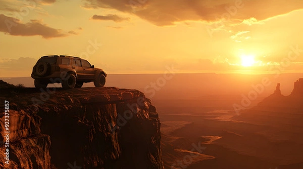 Fototapeta A car parked on a cliffside, overlooking a vast, empty desert with the sun setting behind it.


