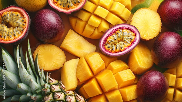 Fototapeta A refined, high-end presentation of mango, passion fruit and pineapple, covering the entire image with just a few white spaces. Mango in orange, passion fruit in purple and pineapple in yellow. 