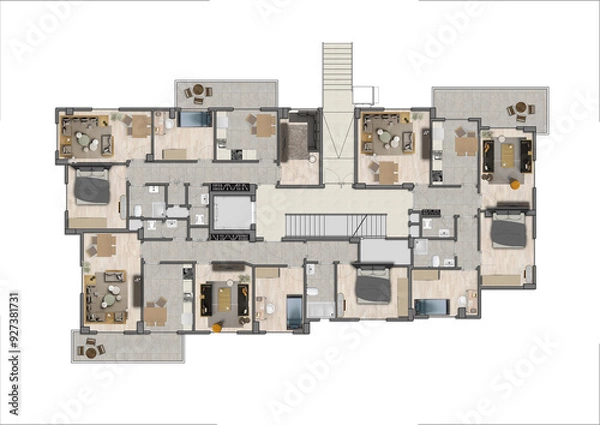 Obraz Floor plan of a modern apartment with 3 flats. Top view. Architectural CAD drawing, photoshop plan rendering, coloured and furnished. Plan illustration.