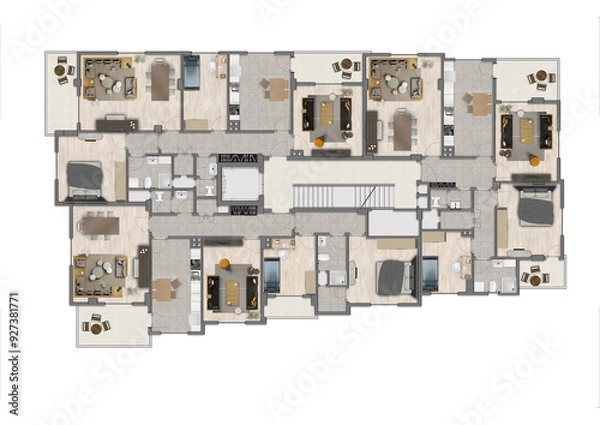 Obraz Floor plan of a modern apartment with 3 flats. Top view. Architectural CAD drawing, photoshop plan rendering, coloured and furnished. Plan illustration.