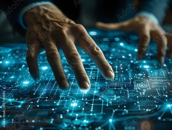 Obraz Businessperson Interacting with Futuristic Holographic Interface Symbolizing Advanced Technology and Progress