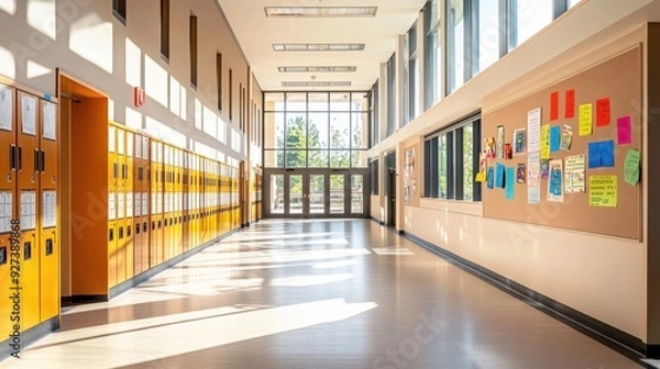 Fototapeta A bright school hallway with lockers and colorful bulletin boards.