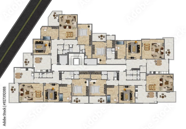 Fototapeta Floor plan of a modern apartment with 4 flats. Top view. Architectural CAD plan drawing, photoshop rendering, coloured and furnished. Plan illustration.