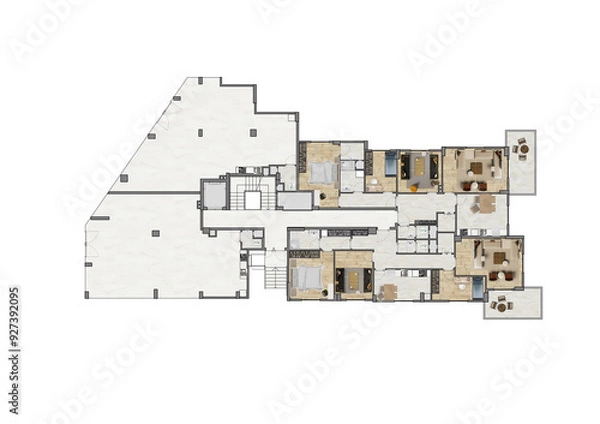 Fototapeta Floor plan of a modern apartment with 4 flats. Top view. Architectural CAD plan drawing, photoshop rendering, coloured and furnished. Plan illustration.