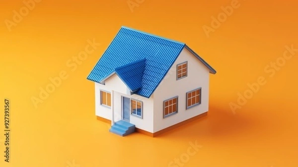 Obraz A 3D small house with a blue roof on an orange background, isolated and simple design.