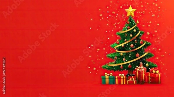 Fototapeta A cartoon Christmas tree with gifts underneath on a red background, space for festive greetings.