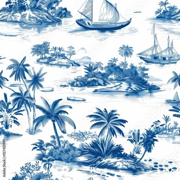 Fototapeta Seamless tropical island illustration in blue and white with sailboats, palm trees, and scenic landscapes. Perfect for textile design.