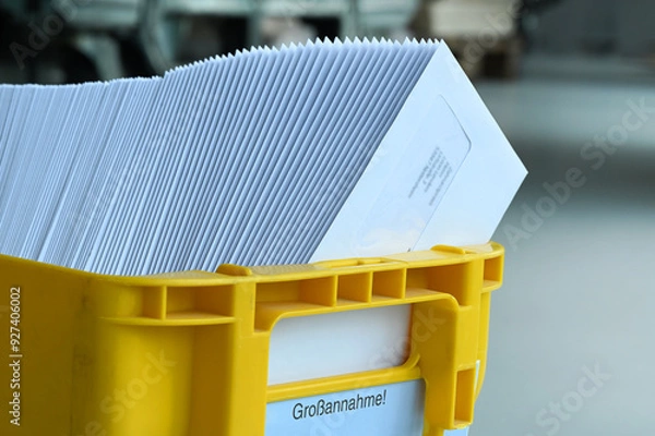 Obraz Mailbox with letter mailing sorted by zip code for delivery and postage optimization when sending mail. Inserting machine mail letter print production business. 