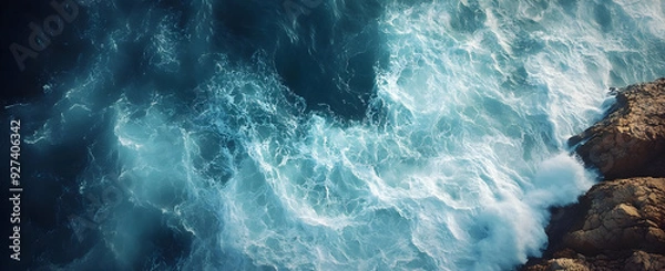 Fototapeta Aerial view of flowing ocean waves crashing onto rocky shore, showcasing vibrant blue waters and foamy surf in motion.