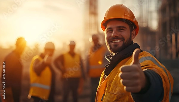 Fototapeta Smiling construction worker giving thumbs up at sunset on a job site, showcasing teamwork and safety in the industry.