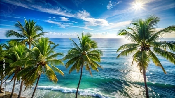 Fototapeta Ocean view with palm trees swaying, tropical, paradise, relaxation, serene, beach, vacation, waves, blue, horizon, coastal