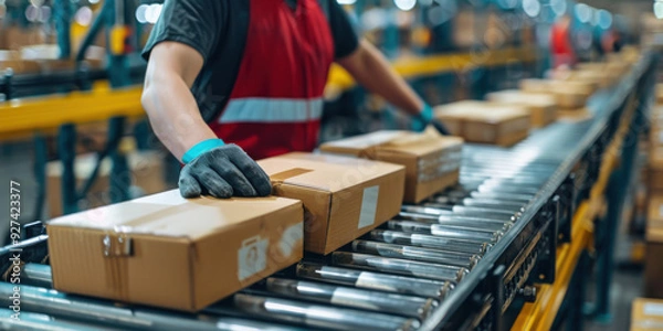Fototapeta A worker in a warehouse sorting packages on a conveyor belt, representing logistics, distribution, and supply chain management.