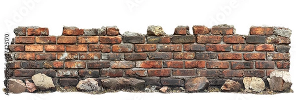 Obraz Cracked brick wall with signs of decay and patches of missing plaster, featuring uneven and weathered bricks, isolated on transparent background clipart