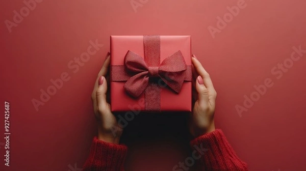 Fototapeta Overhead shot of a woman holding a gift box with a bow, against a solid color background, creating a clean and focused composition
