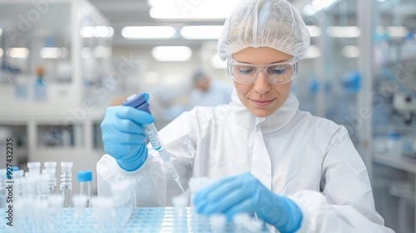 Fototapeta epidemiologist researcher in lab coat, gloves, and scrubs pipetting samples into test tubes, disease prevention, scientific research, public health, laboratory work