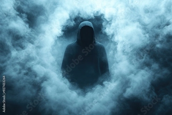 Fototapeta Mysterious hooded figure emerging from thick smoke in a dark and eerie atmosphere..