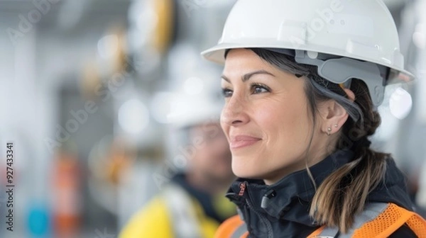 Fototapeta caucasian female engineer with safety jacket and hat, side view portrait, professional appearance, engineering expertise, copy space