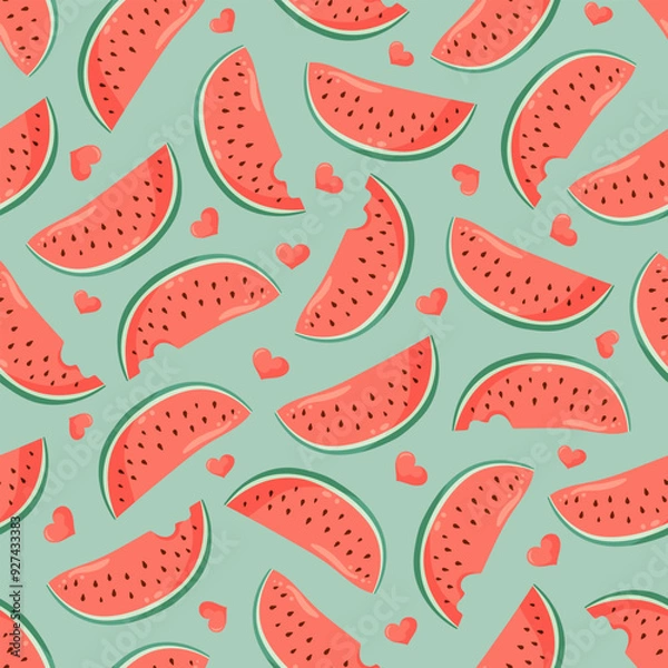 Fototapeta Juicy watermelon slices with small hearts seamless pattern. Summer fruit vector illustration. Tropical fruit background for Valentines day, baby fabric, kids textile, packaging, wrapping, scrapbook