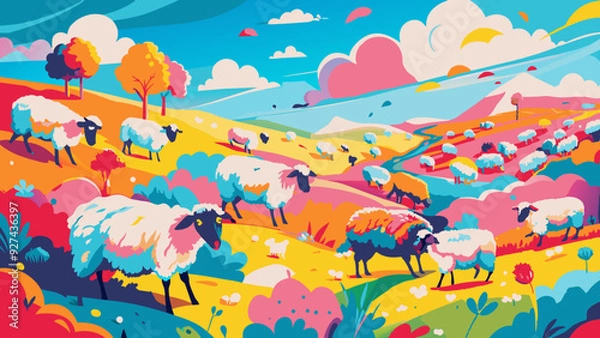 Fototapeta Colorful Rural Landscape with Playful Sheep and Rolling Hills