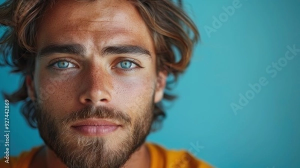 Fototapeta Young man expressing curiosity standing against a solid studio background