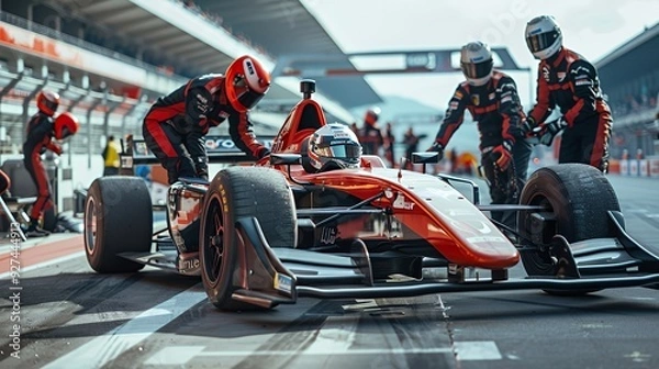 Fototapeta Red race car on a pit stop with crew members around it.