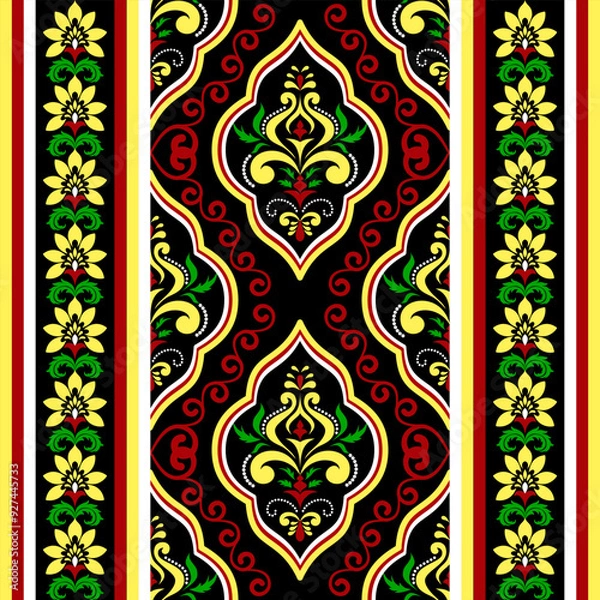 Fototapeta Damask Floral Pattern This seamless vector illustration is perfect for wallpapers, invitations, rugs, curtains and decor. The ornate motifs add a touch of elegance and cultural flair.