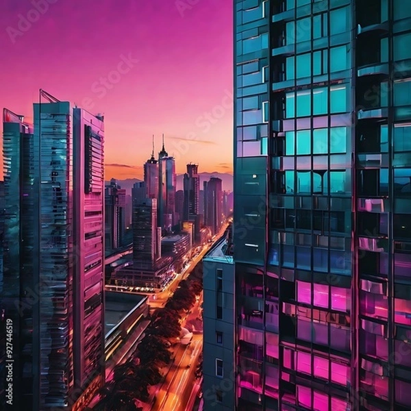 Fototapeta View of Modern digital attractive colorful city lifestyle synth wave animation background. Rooftop view in futuristic city metaverse background