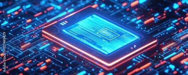 Fototapeta A futuristic microchip with a glowing digital display is embedded on a circuit board, surrounded by blue and red elements, symbolizing advanced technology and data processing.