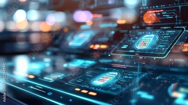 Fototapeta Close-up of a futuristic digital interface featuring multiple holographic displays and advanced data visualization in a high-tech environment with neon lighting.