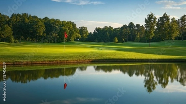 Fototapeta A serene golf course landscape with a pond reflecting the lush greenery and a red flag.