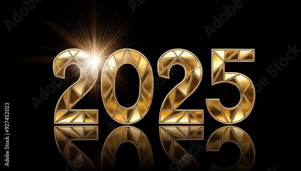 Obraz 金の光沢のある反射する美しい質感の数字2025。キラキラと眩しいダイヤモンドのような立体的のあるカット。キャッチライトに照らされて眩い乱反射。磨かれたゴールド、メタル。金の光の中で、この美しい瞬間が永遠に輝き続ける。背景は黒。