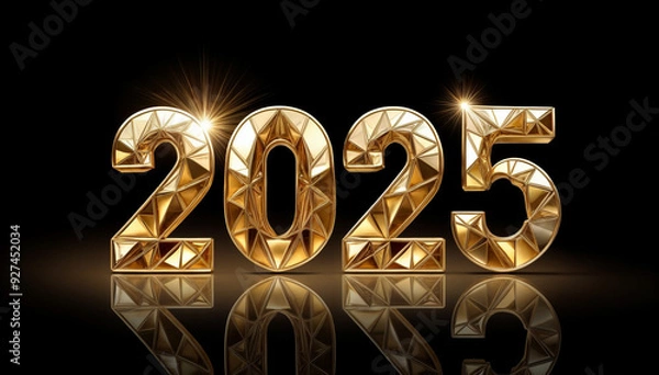Obraz 金の光沢のある反射する美しい質感の数字2025。キラキラと眩しいダイヤモンドのような立体的のあるカット。キャッチライトに照らされて眩い乱反射。磨かれたゴールド、メタル。金の光の中で、この美しい瞬間が永遠に輝き続ける。背景は黒。