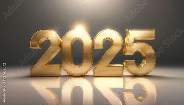 Obraz 金の光沢のある反射する美しい質感の数字2025。キラキラと眩しいダイヤモンドのような立体的のあるカット。キャッチライトに照らされて眩い乱反射。磨かれたゴールド、メタル。金の光の中で、この美しい瞬間が永遠に輝き続ける。背景は黒。