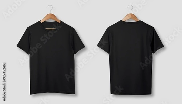 Obraz Black tshirt mockup on hanger on plain background. Minimal t-shirt front and back design template
