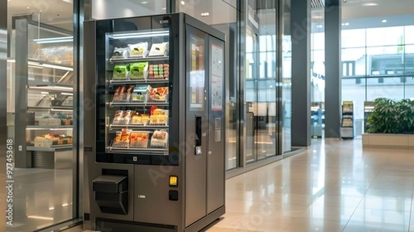 Fototapeta A smart vending machine in a mall modern style, minimalism. Uncluttered look, simple lines, focus on functionality. Glass walls, floor-to-ceiling windows. 