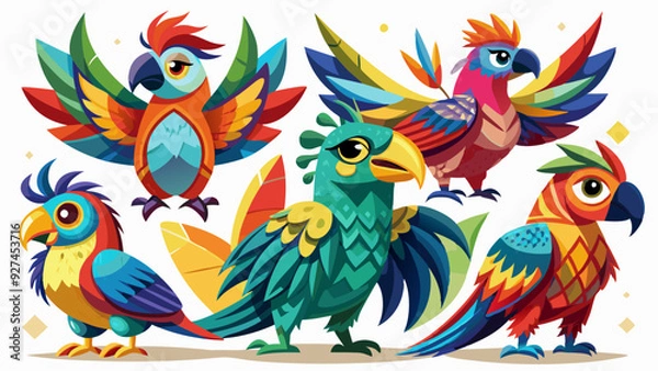 Fototapeta Colorful Geometric Parrots Vector Illustration - Tropical Bird Art Design , Vibrant Polygonal Parrots - Abstract Tropical Bird Vector Art