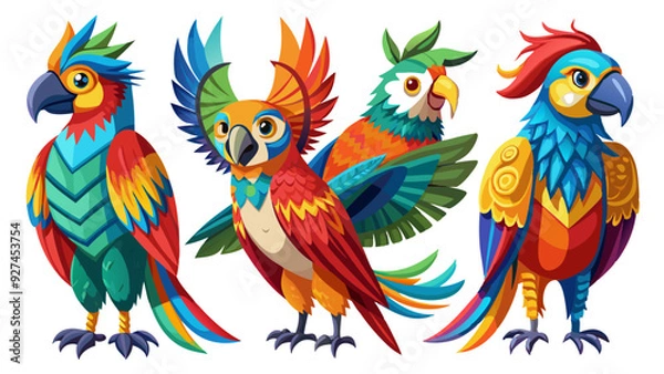 Fototapeta Colorful Geometric Parrots Vector Illustration - Tropical Bird Art Design , Vibrant Polygonal Parrots - Abstract Tropical Bird Vector Art