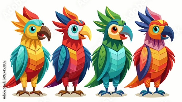 Fototapeta Colorful Geometric Parrots Vector Illustration - Tropical Bird Art Design , Vibrant Polygonal Parrots - Abstract Tropical Bird Vector Art