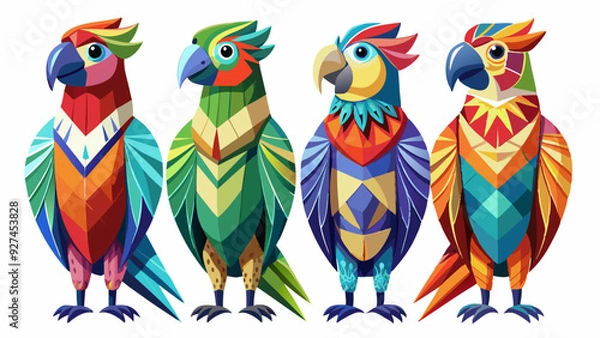 Fototapeta Colorful Geometric Parrots Vector Illustration - Tropical Bird Art Design , Vibrant Polygonal Parrots - Abstract Tropical Bird Vector Art