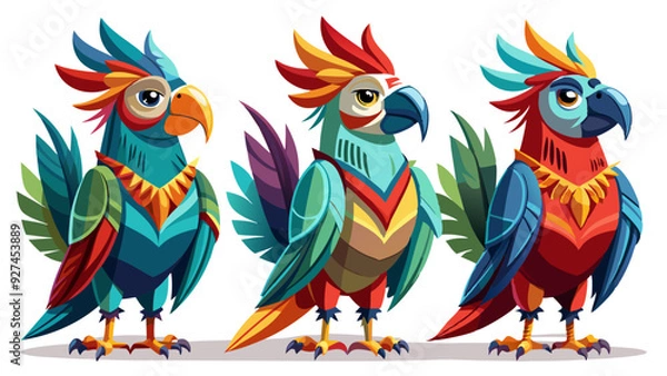 Fototapeta Colorful Geometric Parrots Vector Illustration - Tropical Bird Art Design , Vibrant Polygonal Parrots - Abstract Tropical Bird Vector Art